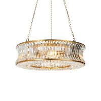 Gilt metal chandelier with concave crystal design and adjustable height, ideal for modern interiors. Elegant crystal chandelier for home lighting décor.