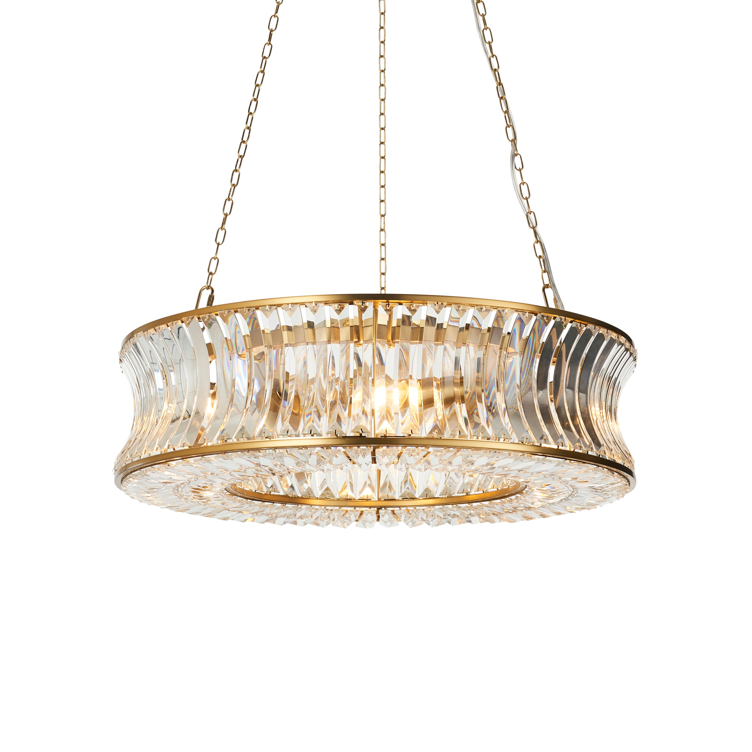 Gilt metal chandelier with concave crystal design and adjustable height, ideal for modern interiors. Elegant crystal chandelier for home lighting décor.