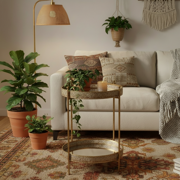 Cozy living room with a beige sofa, decorative pillows, and potted plants.