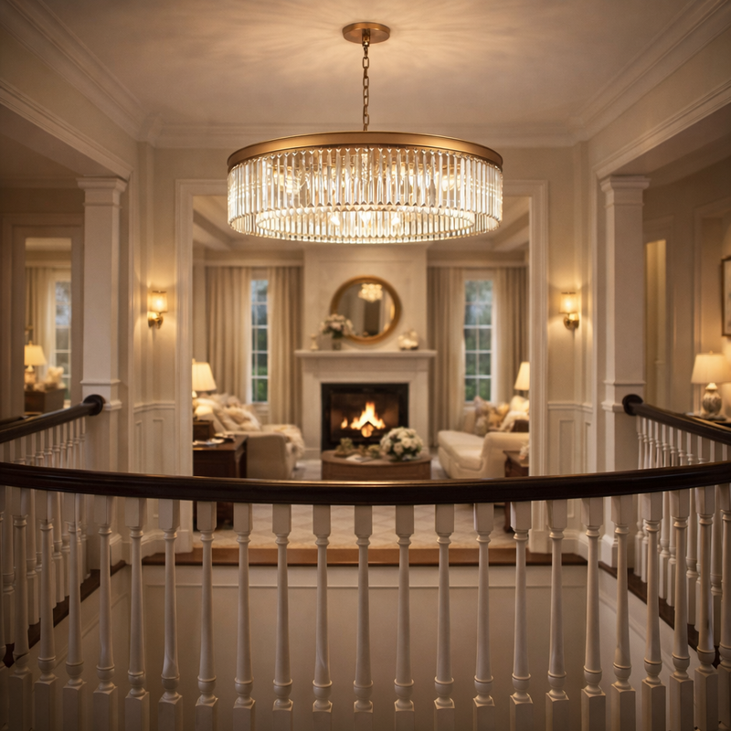 Luxury gilt prism chandelier hanging in a galleried space overlooking a luxury sitting room