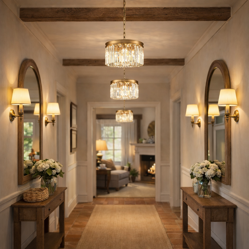Elegant hallway with chandeliers, mirrors, and floral arrangements.