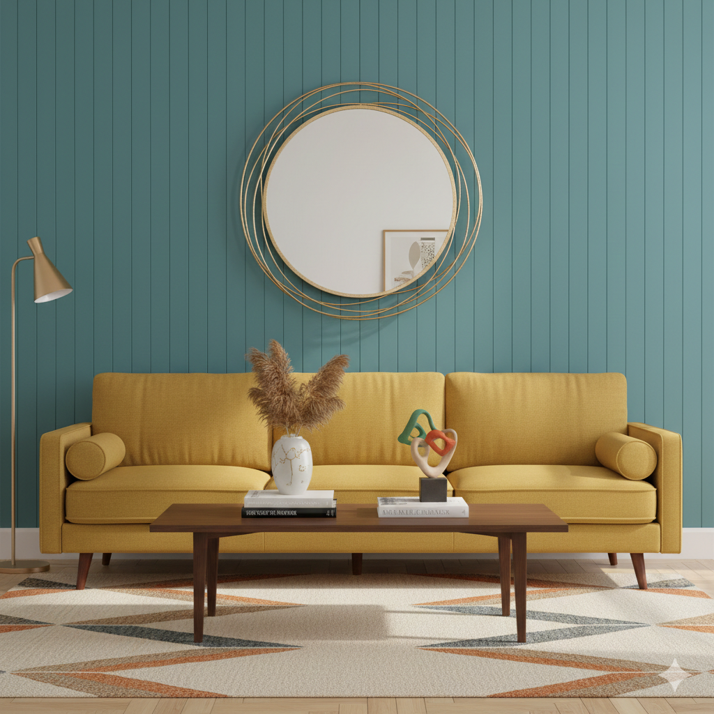 The gilt circular mirror is hanging on a teal coloured wall over a right sofa and mid-century coffee table on a geometric rug.