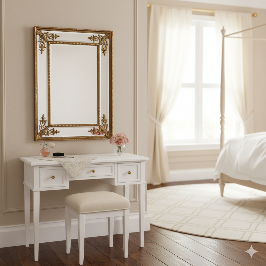 Mirror over a white dressing table in a pretty, airy bedroom setting. 