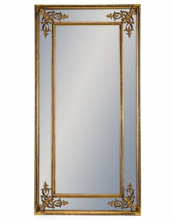 Tall, paneled gilt mirror against a white background.