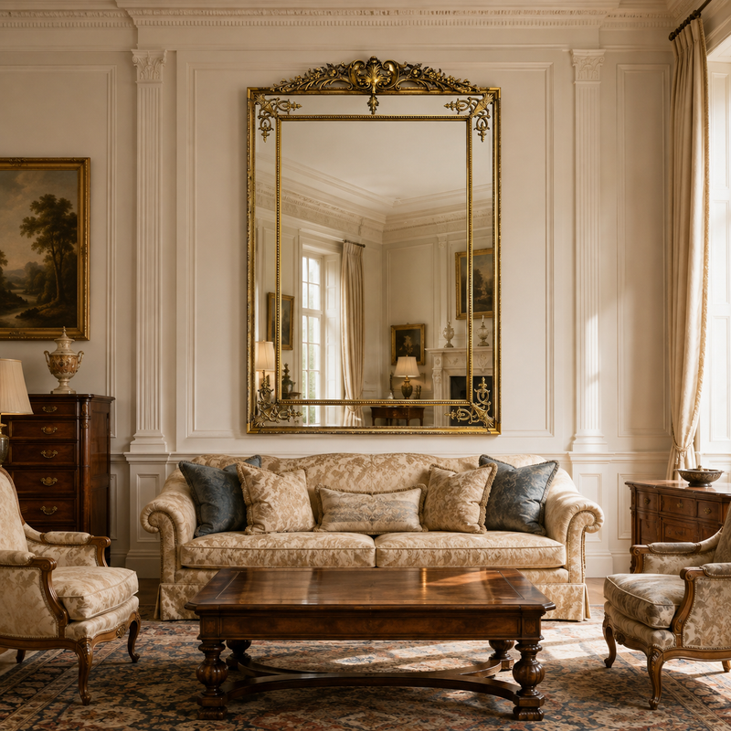 A large ornate gold-framed wall mirror hangs above a beige patterned sofa in a classic living room.