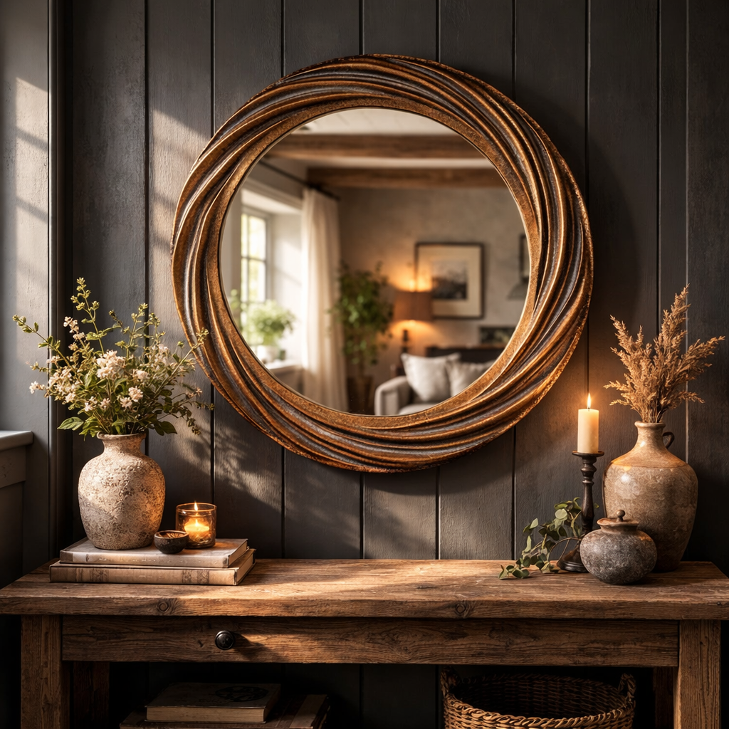 Swirl framed distressed gilt mirror over a wooden console in a cottage style room with grey paneled wall.