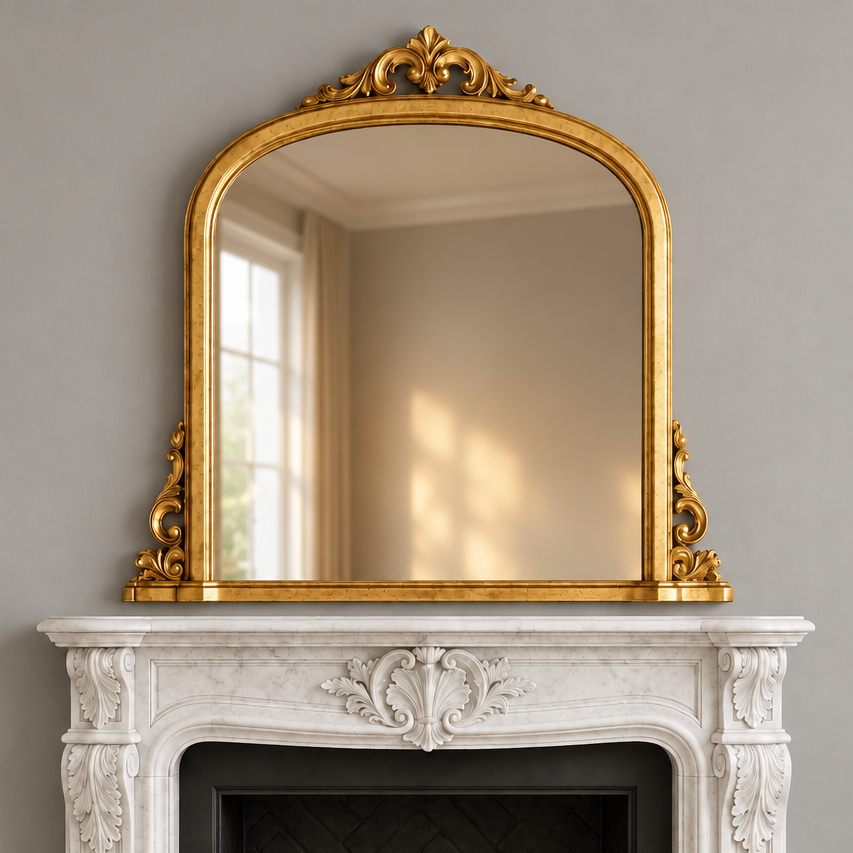 Gilt overmantle mirror above a fireplace