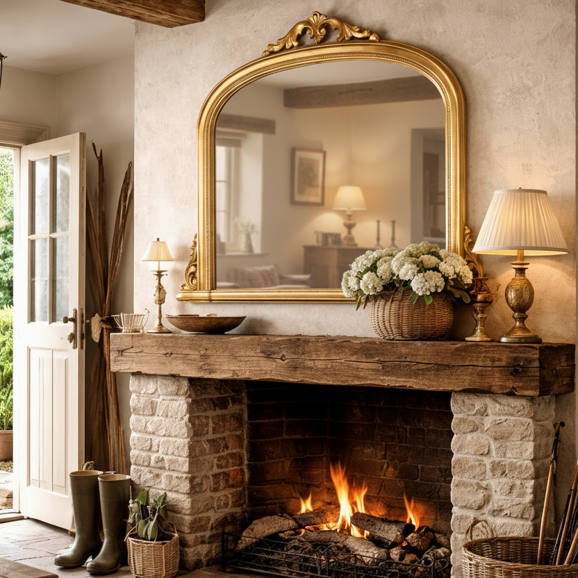 Overmantle mirror adding a cosy touch to a farmhouse style fireplace.
