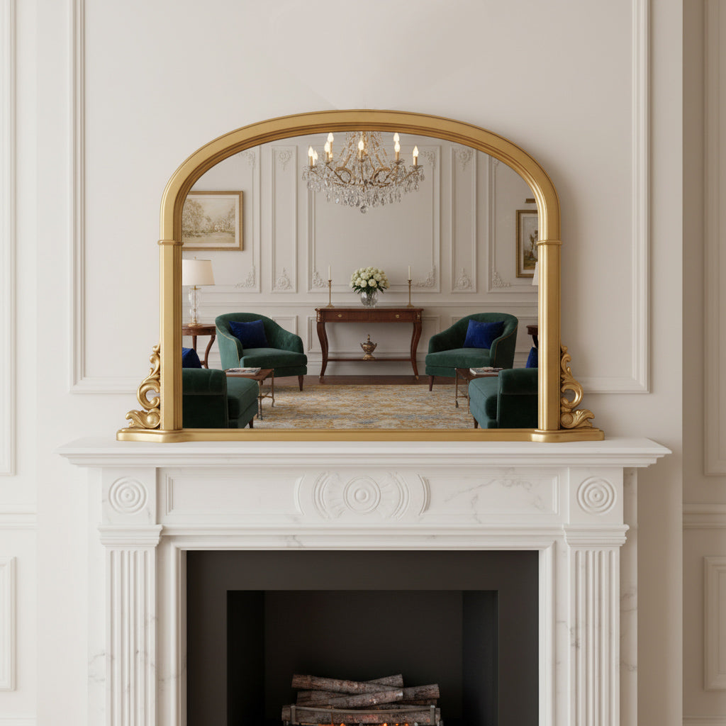 arched overmantle mirror which has a width of 127 cm beautifully framed in antique gold with rich scrollwork detailing at the base has a timeless design which draws inspiration from 19th-century French architecture