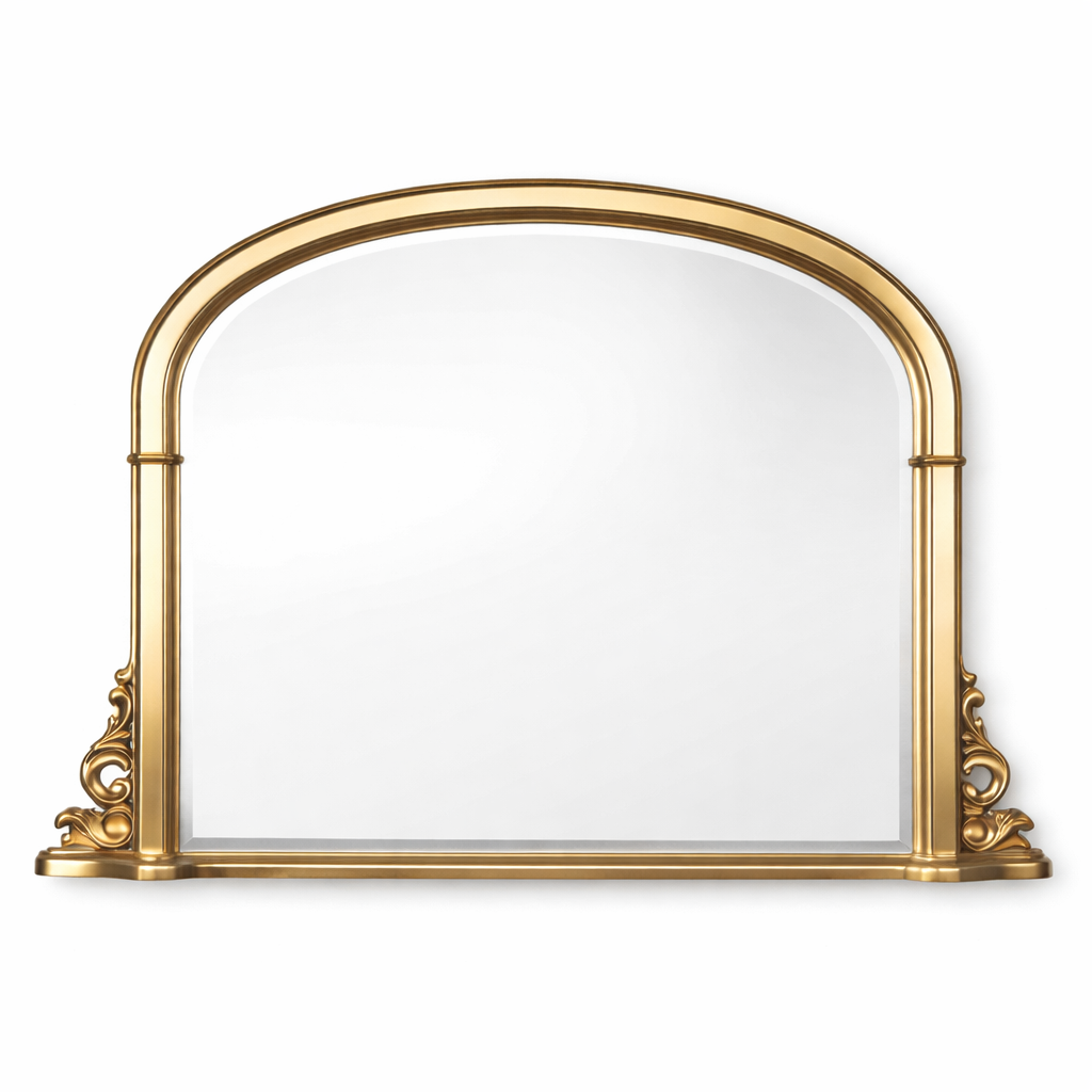 arched overmantle mirror which has a width of 127 cm beautifully framed in antique gold with rich scrollwork detailing at the base has a timeless design which draws inspiration from 19th-century French architecture