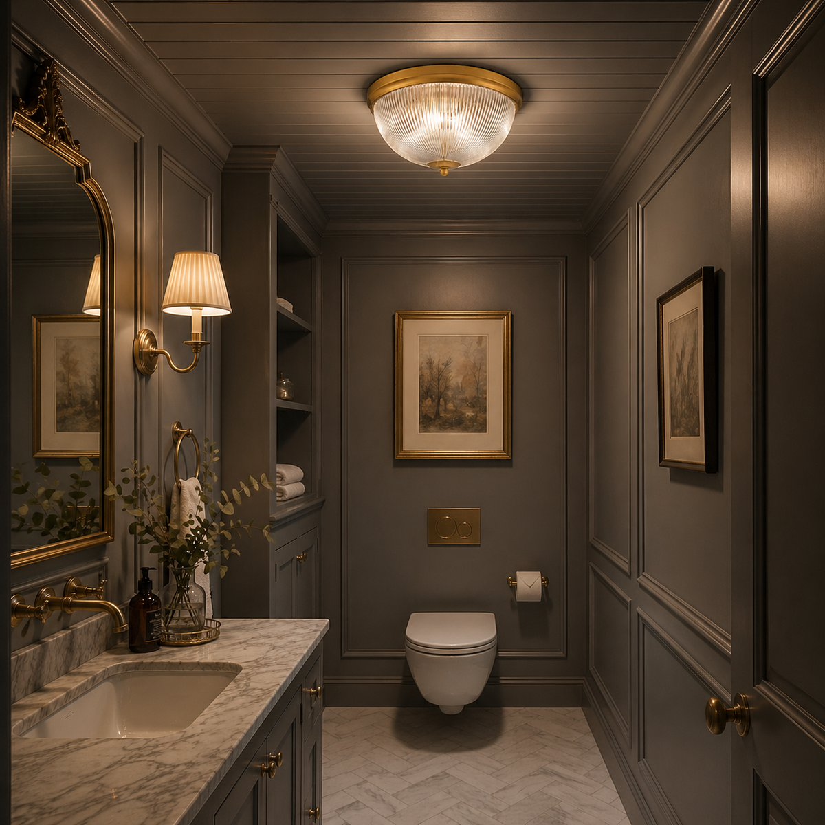Flush gilt ribbed glass light in stylish, grey bathroom setting. 