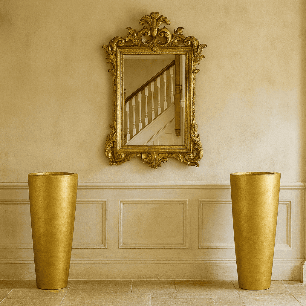 Tall gold planters in elegant interior decor setting