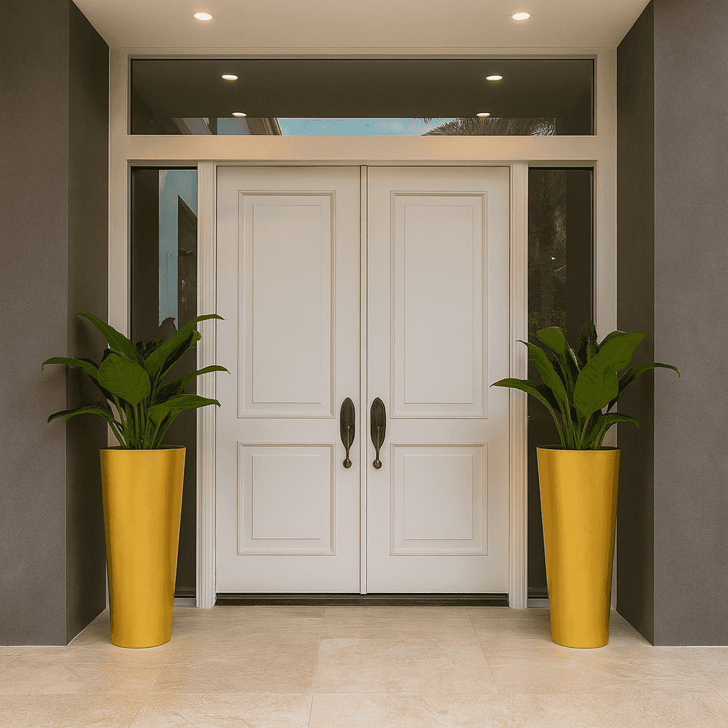 Elegant entrance with large potted plants