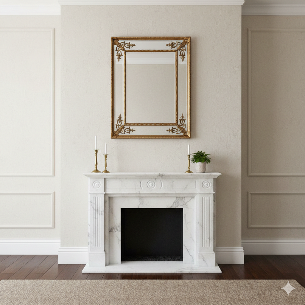 Mirror placed over a white marble fireplace in a simple, classic hall.