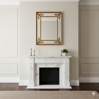 Mirror placed over a white marble fireplace in a simple, classic hall.