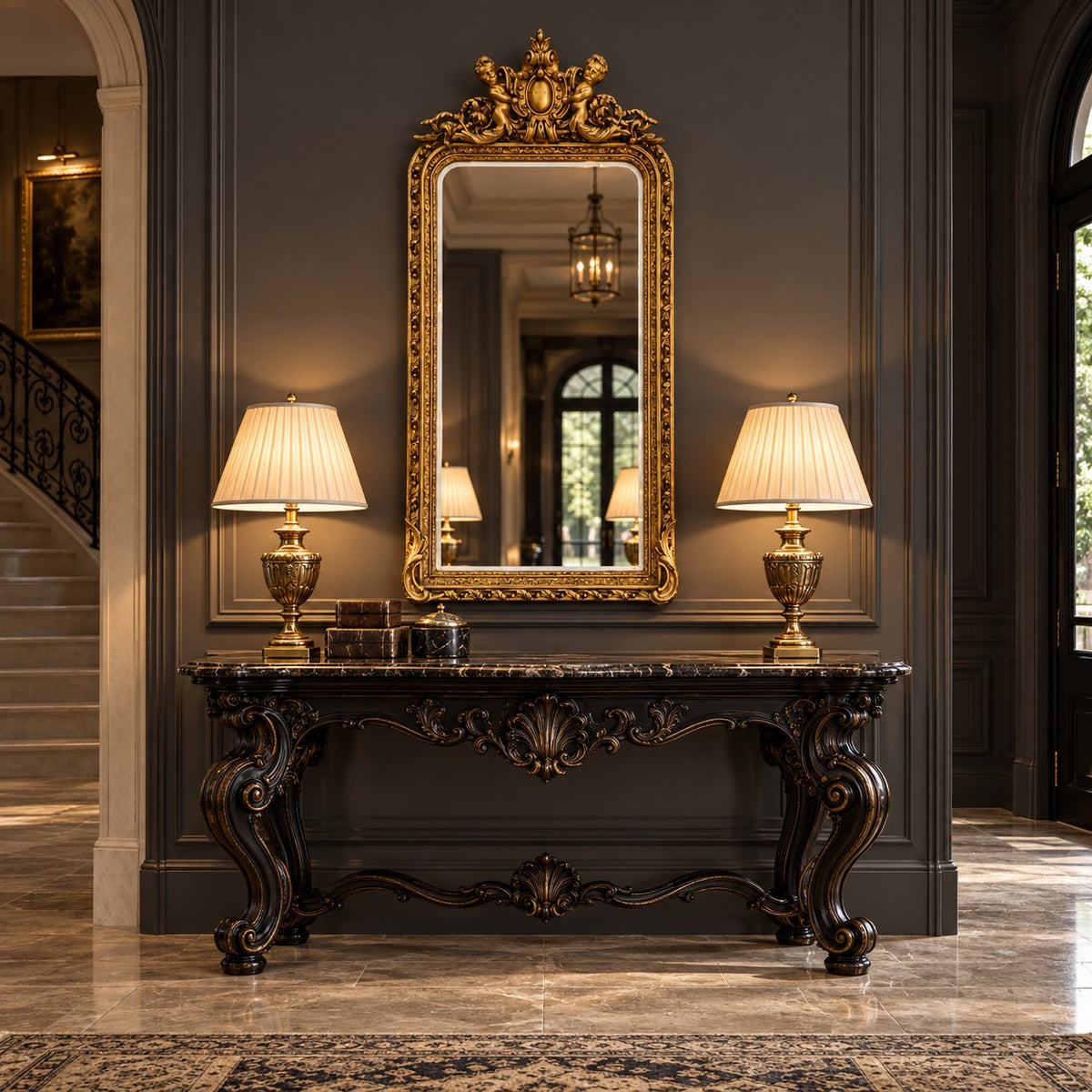 Cherub mirror in a decorative hall above a console,