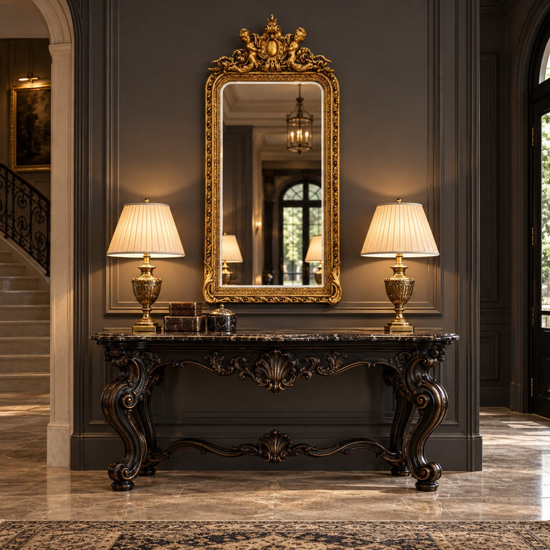 Cherub mirror in a decorative hall above a console,