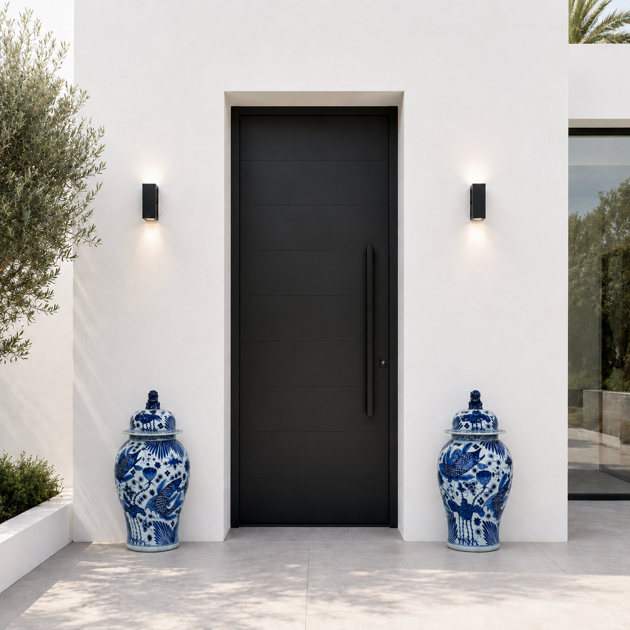 Pair of large ginger jars in an outdoor, villa style setting, either side of an external door.