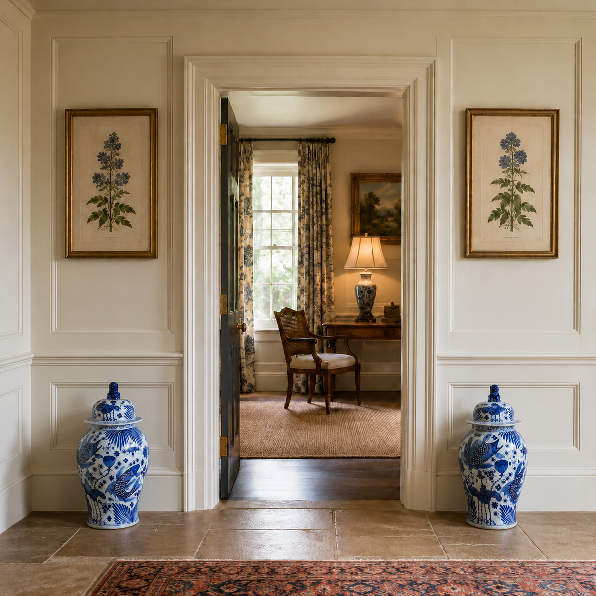 A symmetrical interior hallway with two blue-and-white porcelain lidded vases on the floor, framed botanical prints on the walls, and a doorway leading into a warmly lit study with floral curtains and a desk lamp.