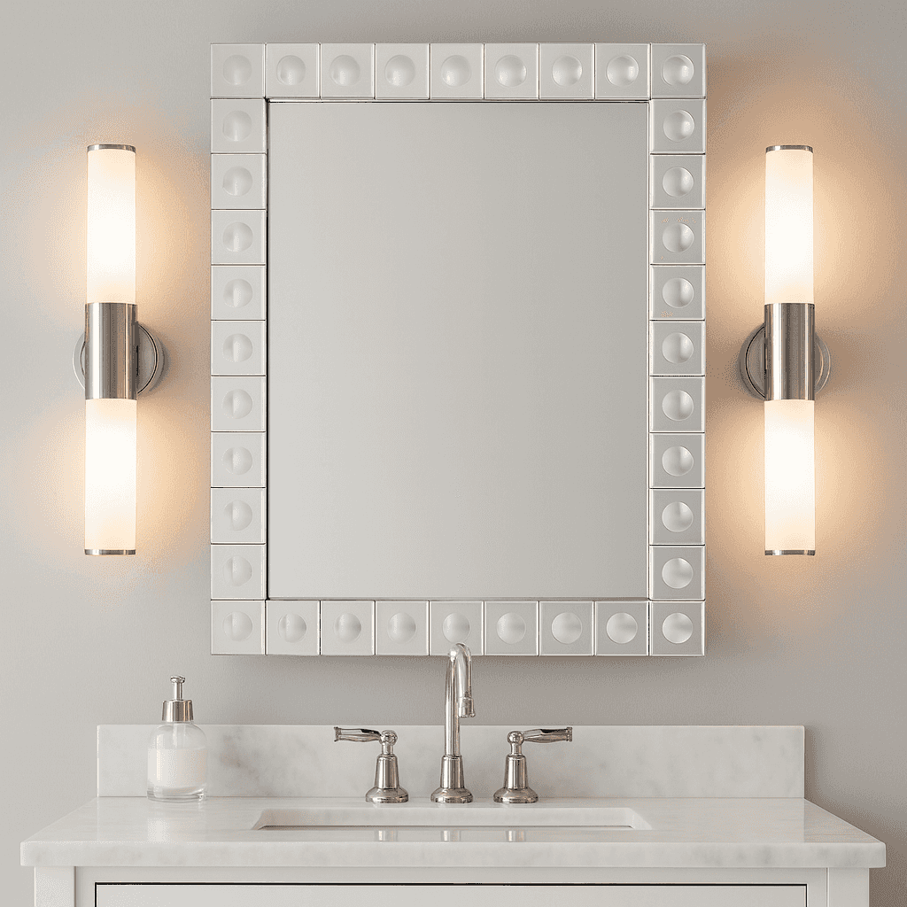 This is a Venetian-style wall mirror featuring a striking raised decorative frame. The rectangular mirror is bordered by a geometric design of square mirrored tiles, each accented with a raised circular dome detail that adds dimension, texture, and light-catching elegance. The reflective frame enhances the mirror’s brilliance, making it not only functional but also a bold decorative statement.

Its clean lines and sculptural frame give it a contemporary twist on classic Venetian design, making it versatile 