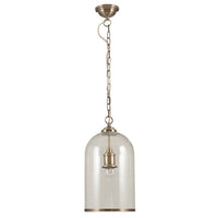 A  glass pendant with Brass or Nickel rim at the Base and same colour ceiling rose. Perfect hall light seen here hanging against a white background.