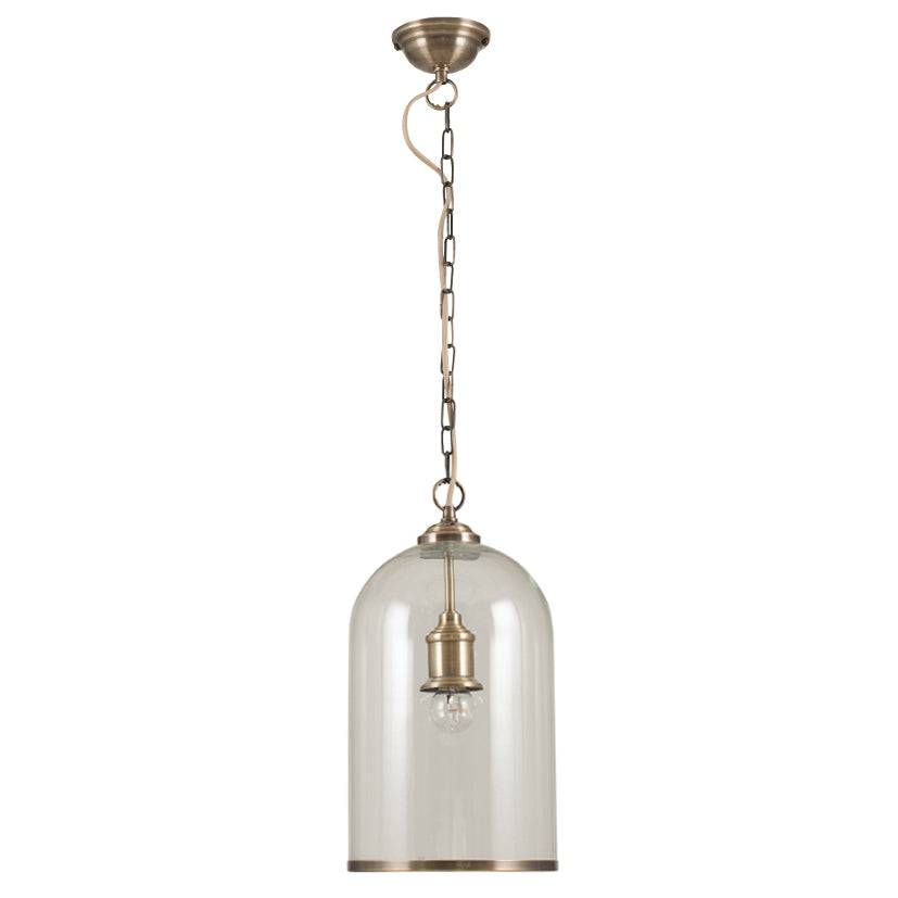 A  glass pendant with Brass or Nickel rim at the Base and same colour ceiling rose. Perfect hall light seen here hanging against a white background.