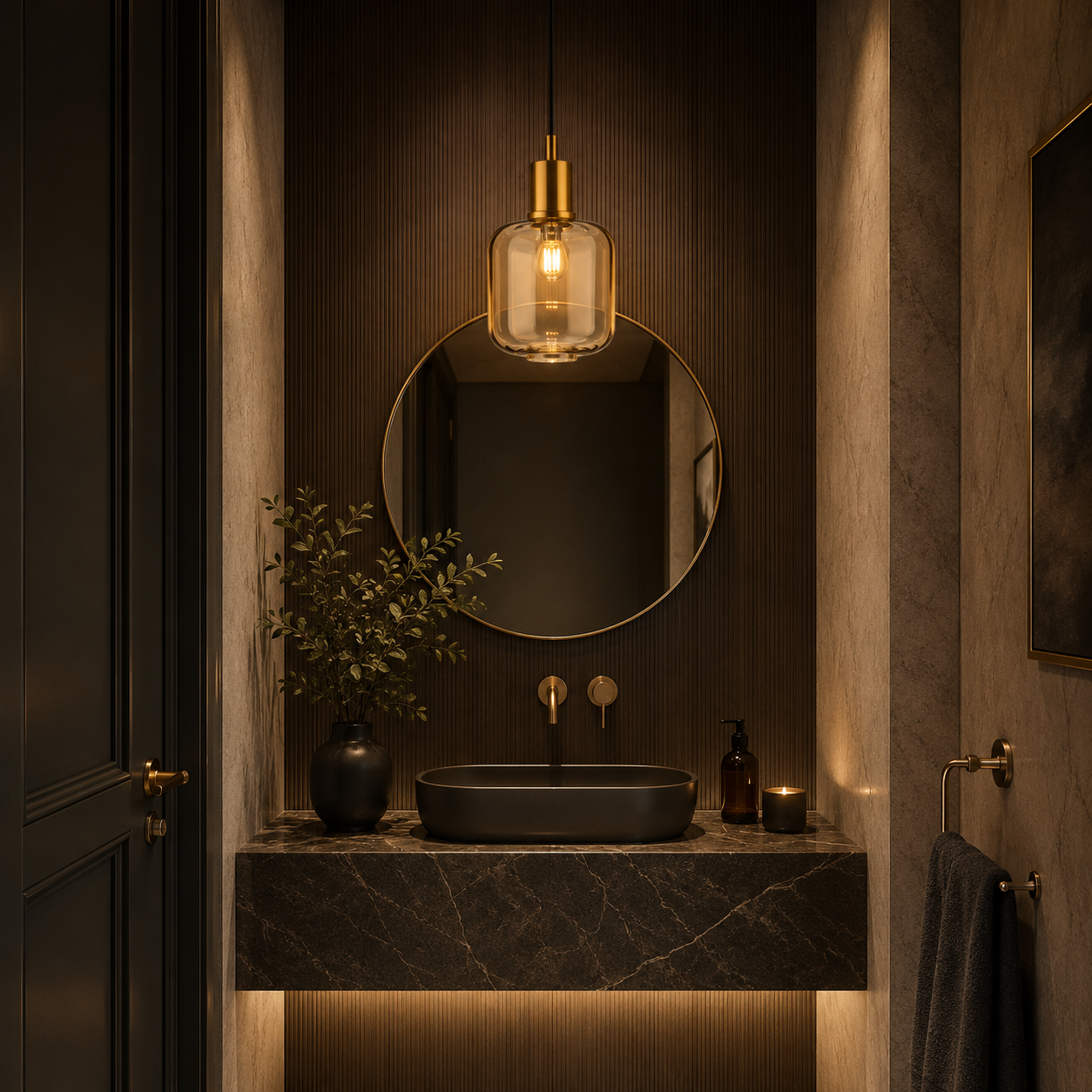 Amber glass pendant light in a luxurous marble cloakroom.