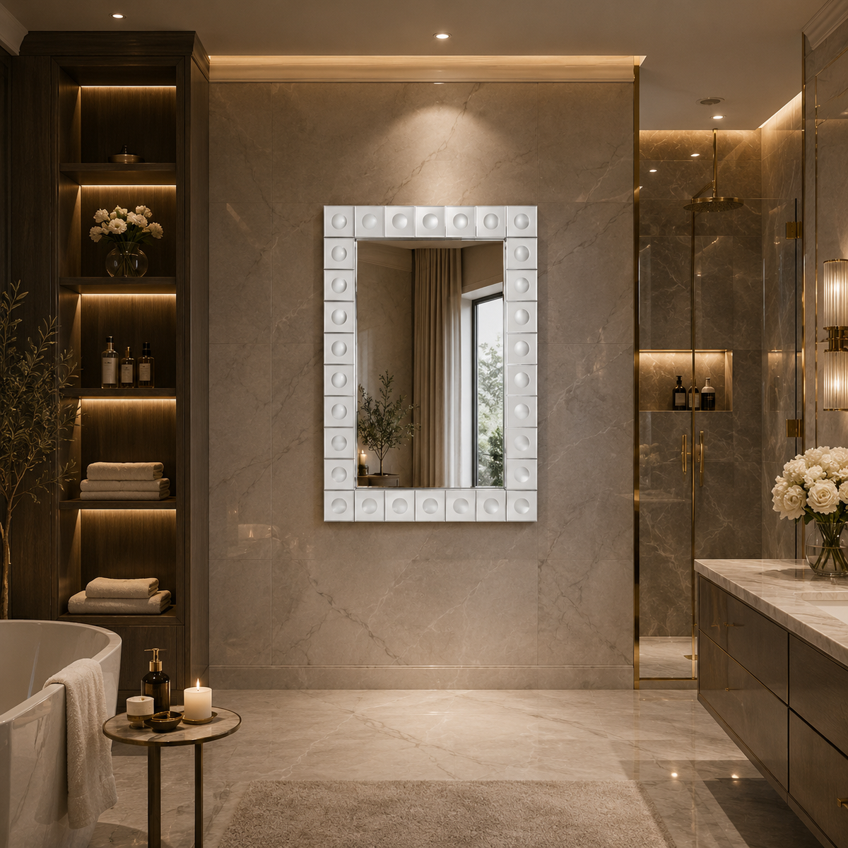 Luxurious glass framed mirror in luxurious bathroom setting.