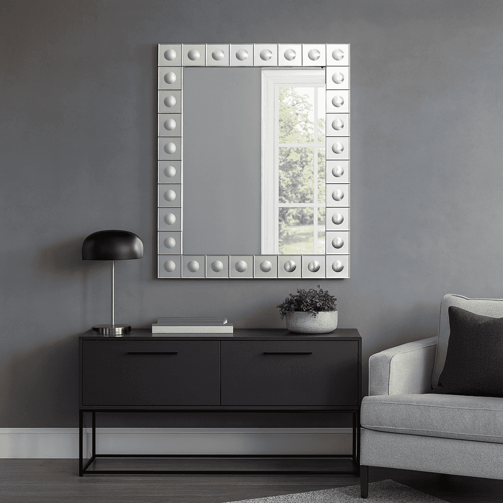 This is a Venetian-style wall mirror featuring a striking raised decorative frame. The rectangular mirror is bordered by a geometric design of square mirrored tiles, each accented with a raised circular dome detail that adds dimension, texture, and light-catching elegance. The reflective frame enhances the mirror’s brilliance, making it not only functional but also a bold decorative statement.

Its clean lines and sculptural frame give it a contemporary twist on classic Venetian design, making it versatile 