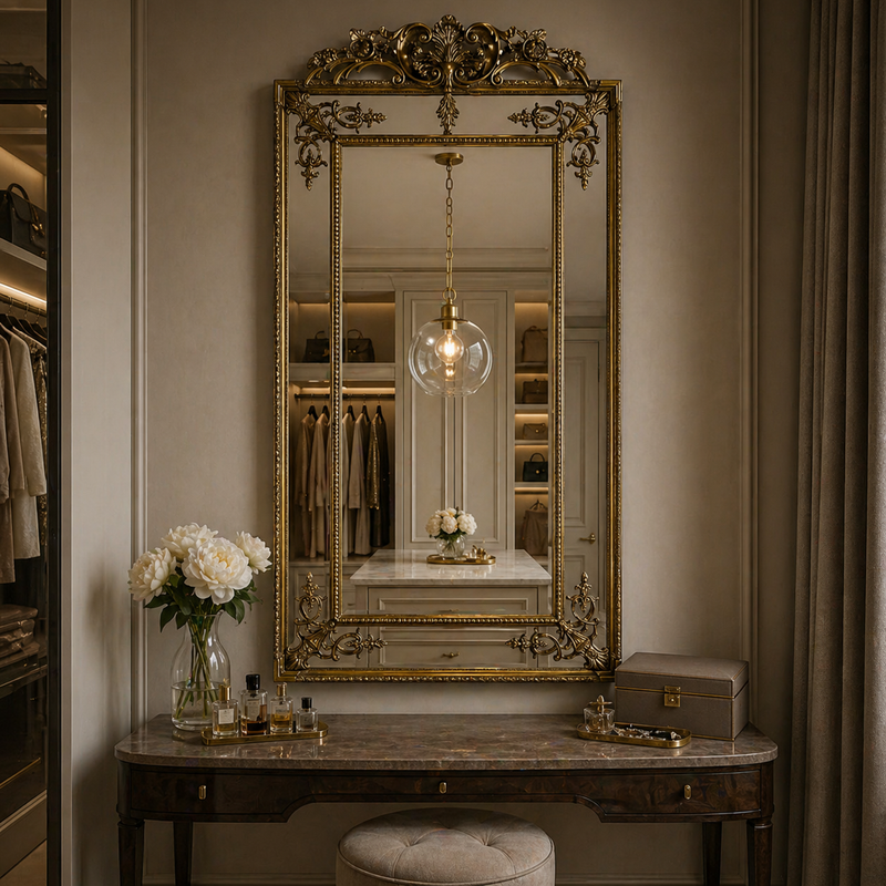 Glass and gilt metal pendant in a luxury dressing room 