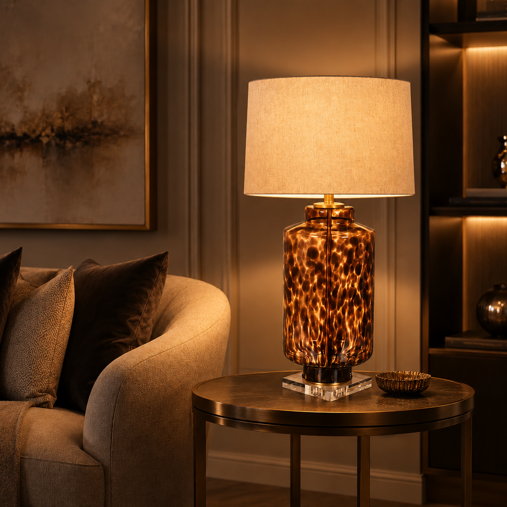 A table lamp with a textured amber-brown glass base and a beige fabric drum shade, styled on a round wooden side table next to a beige armchair in a warm, modern living room setting.
