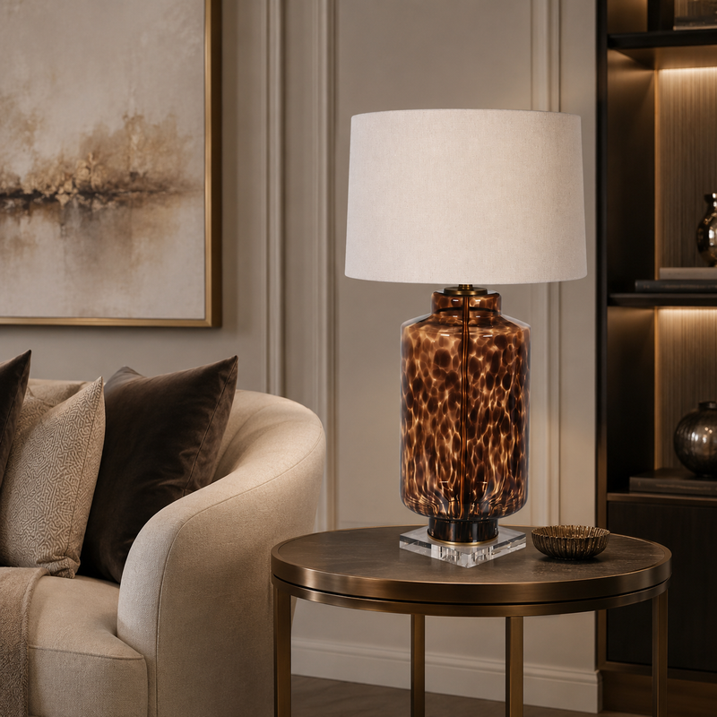 Amber Tortoiseshell Glass Table Lamp with Linen Drum Shade