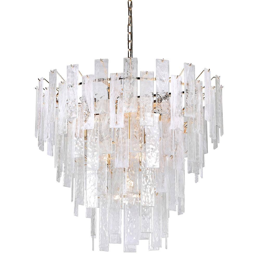 Textured glass four tiered chandelier on a gilt metal frame, a statement in any room.&nbsp; Sixteen bulbs glow through the glass, giving a diffuse, ambient light. Perfect for a modern setting or to give an ethereal glow&nbsp; in period setting. This large ceiling light is a striking focal point and will add glamour.