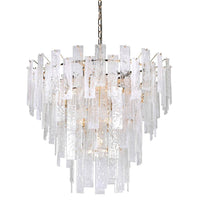 Textured glass four tiered chandelier on a gilt metal frame, a statement in any room.&nbsp; Sixteen bulbs glow through the glass, giving a diffuse, ambient light. Perfect for a modern setting or to give an ethereal glow&nbsp; in period setting. This large ceiling light is a striking focal point and will add glamour.