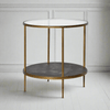 Two-tier side table with a glass top and lacquered lower shelf featuring a Japanese-inspired design of cranes and cherry blossoms, supported by a gold-tone metal frame.