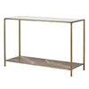 Glass topped console table  with lower oxidised metal shelf. The effect of the lower shelf has a rich patina of deep bronzes,reds and greens adding a time-worn aesthetic.