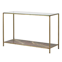 Glass topped console table  with lower oxidised metal shelf. The effect of the lower shelf has a rich patina of deep bronzes,reds and greens adding a time-worn aesthetic.