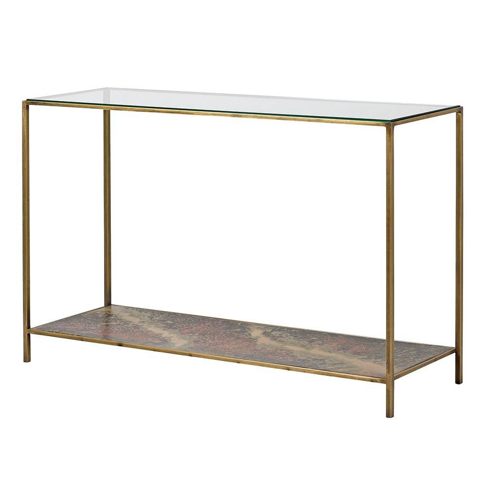 Glass topped console table  with lower oxidised metal shelf. The effect of the lower shelf has a rich patina of deep bronzes,reds and greens adding a time-worn aesthetic.