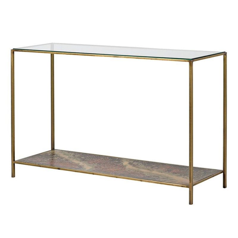 Glass topped console table  with lower oxidised metal shelf. The effect of the lower shelf has a rich patina of deep bronzes,reds and greens adding a time-worn aesthetic.