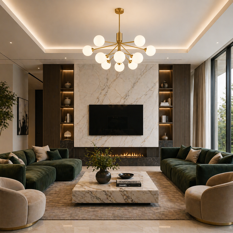 Modern living room with green sofas, marble coffee table, and chandelier.