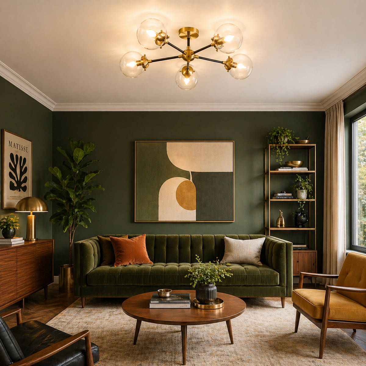 Globe light on the ceiling in a mid-century sitting room with sofa, coffee table and chairs.
