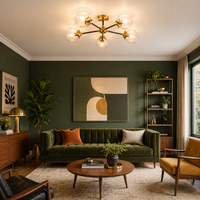 Globe light on the ceiling in a mid-century sitting room with sofa, coffee table and chairs.