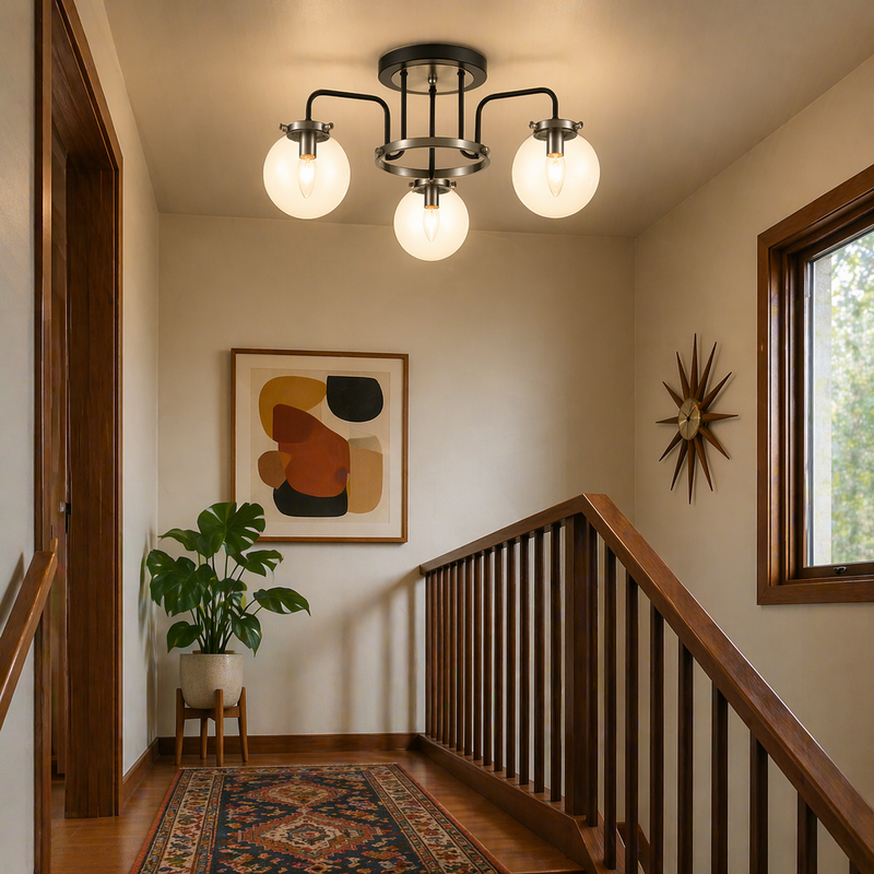 Pendant on a staircase landing in a mid century style home. 
