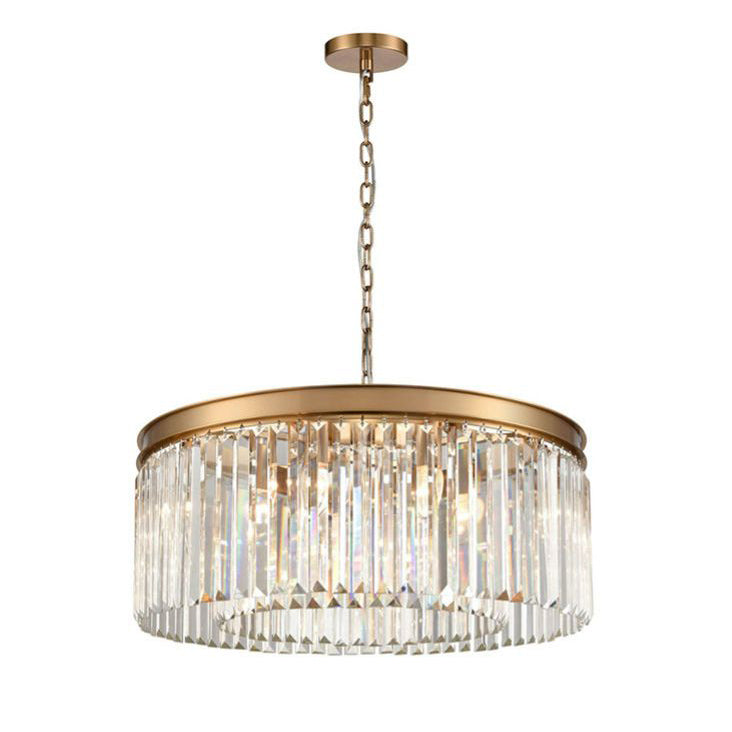 Round 60 cm chandelier with a brushed gold band and vertical crystal prisms, suspended from a gold chain.