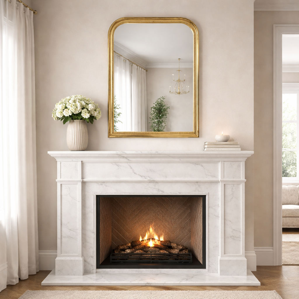 Gilt overmantle mirror, seen over a white marble fireplace in a contemporary setting. 