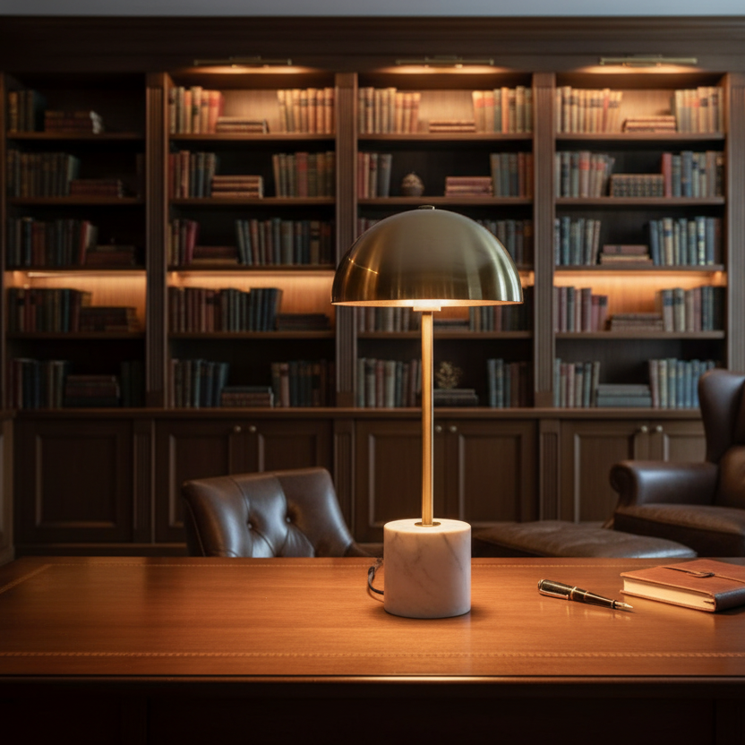 Gold metal dome shade and marble base desk lamp in a library room