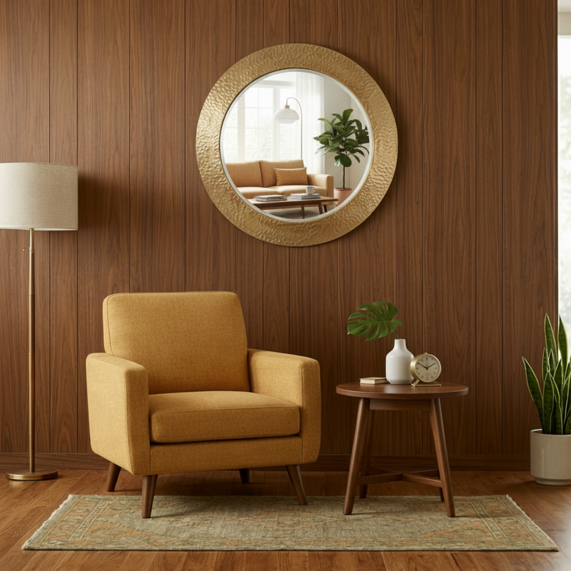 Living room with a round gold mirror, mustard armchair, and wooden side table.