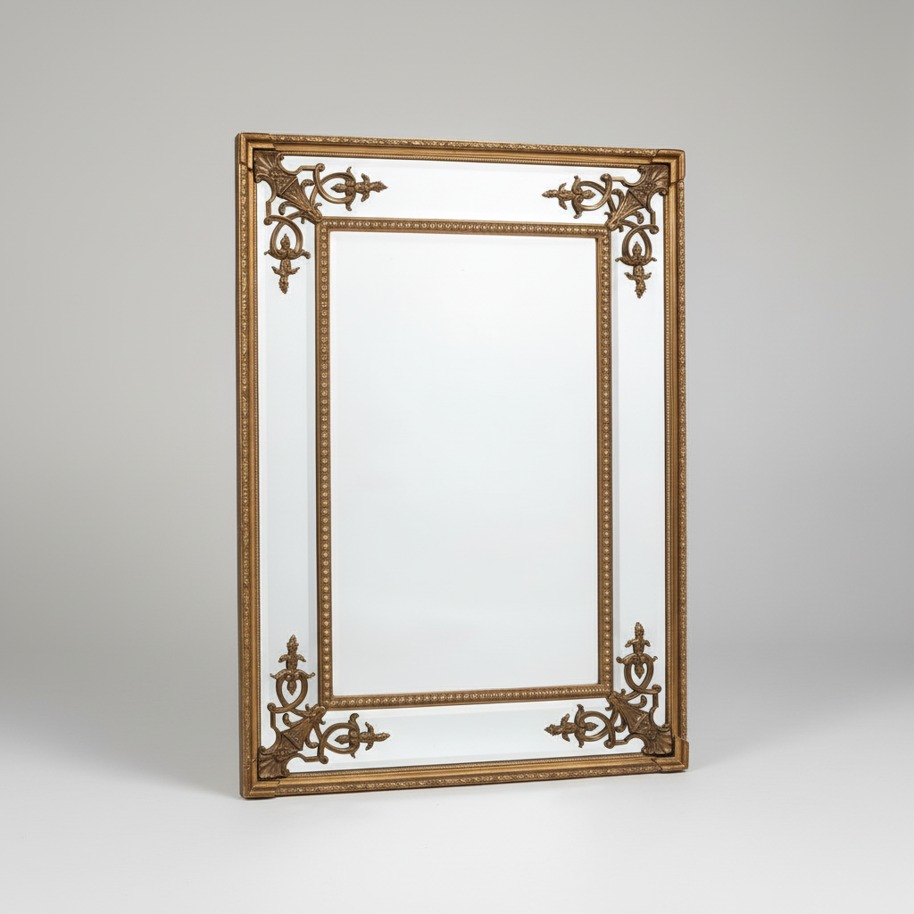 Tall, slim paneled mirror with decorative corner motif. Exceptionally elegant mirror - the beveled glass panels reflecting light in any room. A exceptionally glamorous mirror which lifts the decor in any room adding a luxurious feel as well as lighting up the room.  We have a range of ornate mirrors in the Chiswick, West London store.