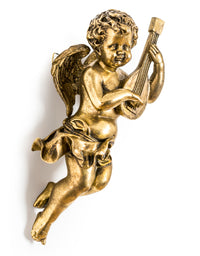 Gold musical cherub wall figure in gold antique finish.