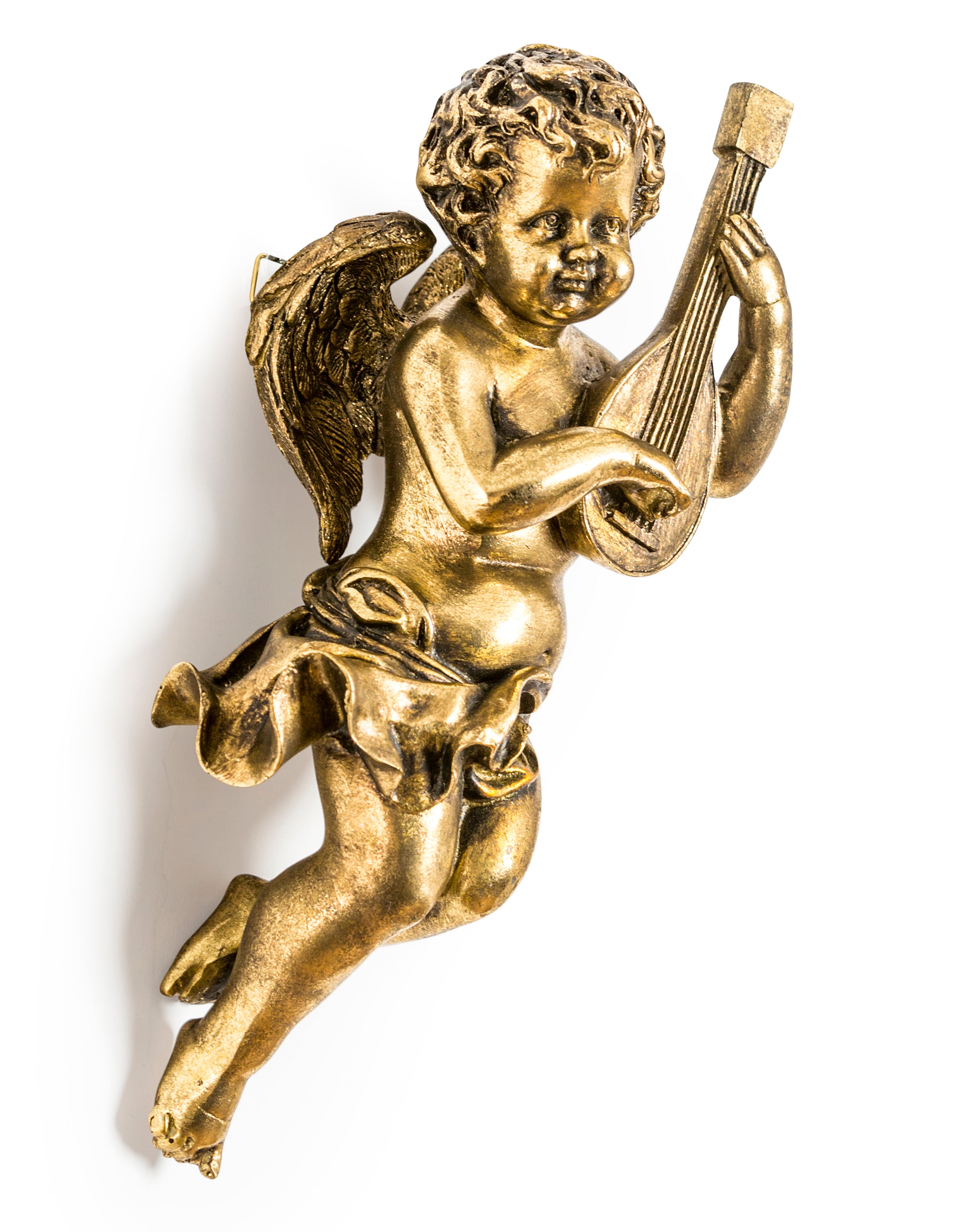 Gold musical cherub wall figure in gold antique finish.